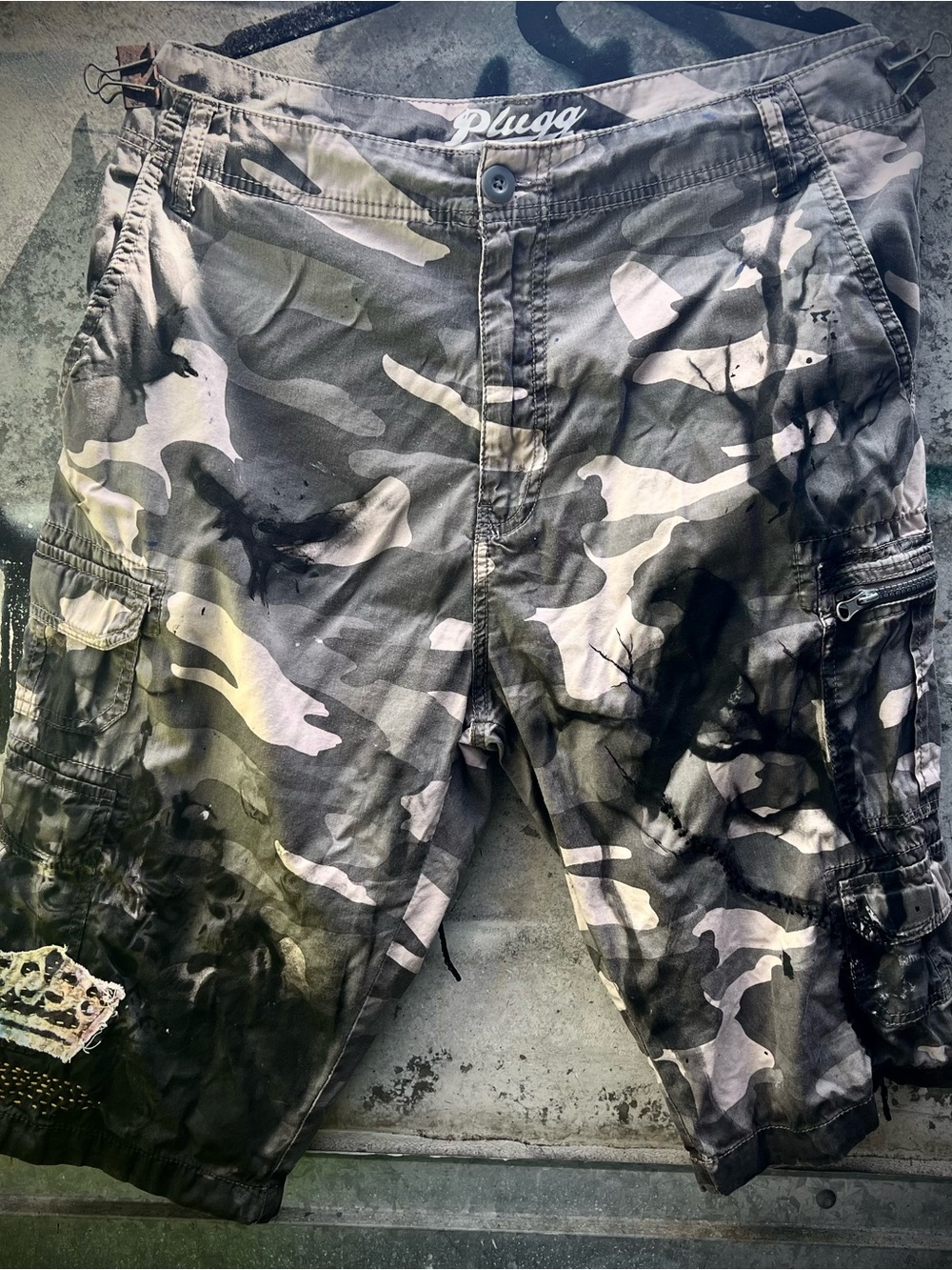 Plugg Gray & Black Camo Cargo Shorts with Shashiko Stitching Embellishment